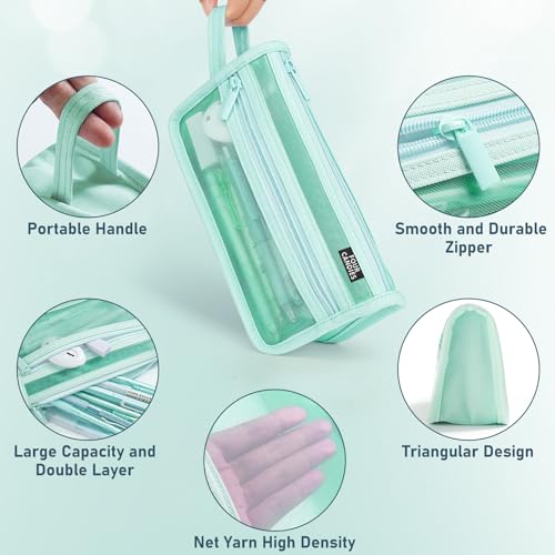 Four Candies Grid Mesh Pencil Case, Clear Double-layer with Handle (Green) - color: Green