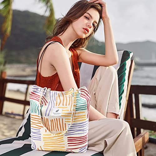 Ayieyill Corduroy Tote Bag for Women Canvas Shoulder Cord Purse with Inner Pocket - color: Colorful Stripes