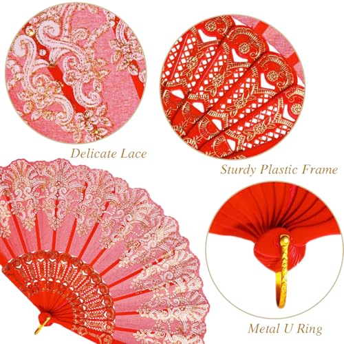 QIRMIZI 10 Pack Folding Handheld Fans,Silk Spanish Fan, Perfect for Weddings, Parties, and Dancing,Red - color: Red, size: 10 PACK