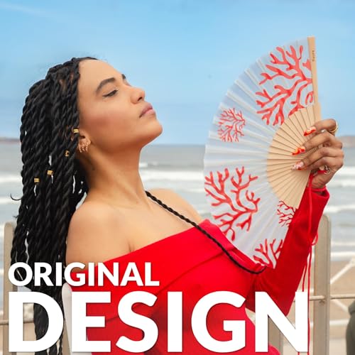 Fisura – Original Blue Folding Fan with Corals Design, Wooden Handheld Fan for Women, Includes Hanger, Perfect for Wedding, Party, Travel, Gift or Summer Decoration - color: Corals