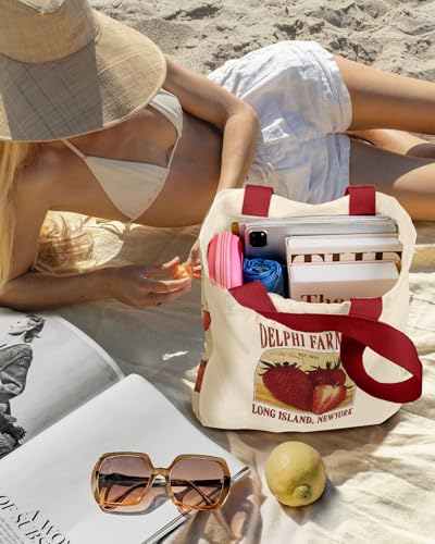 Miss Adola Aesthetic Heavy Canvas Tote Bag - with Pocket for Women Large Size 14''×16''×3.5'' Cloth Cotton Bags for Shopping - color: Strawberry Farms