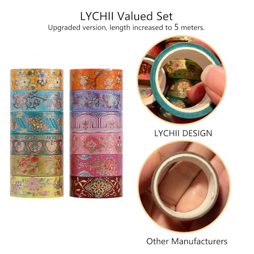 Lychii 12 Rolls Washi Tape Set, 5M/16.4Ft Long Vintage Masking Tape, 15mm - color: Vintage
