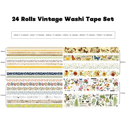 24 Rolls Vintage Washi Tape Set, Floral Letter Butterfly Mushroom Botanical Flower Writable Decorative Tapes for Scrapbooking , Junk Journal supplies, Bullet Journaling 5-75mm Wide 9.84ft long/Roll - style: Natural