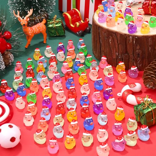 120Pcs Luminous Christmas Mini Resin Duck 14 Colors Glow in The Dark Small Duck Figurines for Miniature Christmas Decor Aquarium Ornament Dollhouse Decoration DIY Slime Craft Kit Birthday Party Favors - color: 120pcs-christmas Ducks