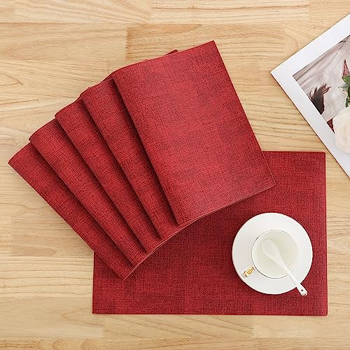 Homaxy PU Faux Leather Placemats for Dining Table, Set of 6, Red - color: Red