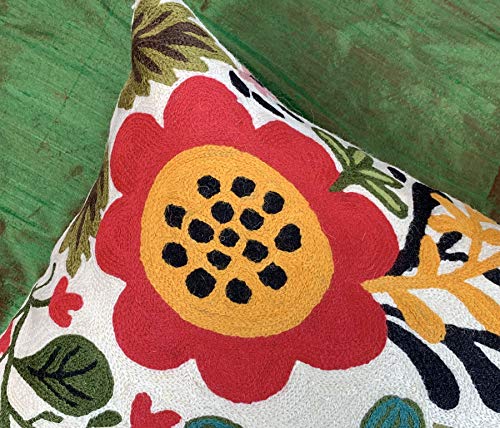 Lumbar Cushion Cover Hand Embroidered Wool 13x21 (Red Floral Lumbar Pillow Cover) - color: Red Floral Lumbar Pillow Cover