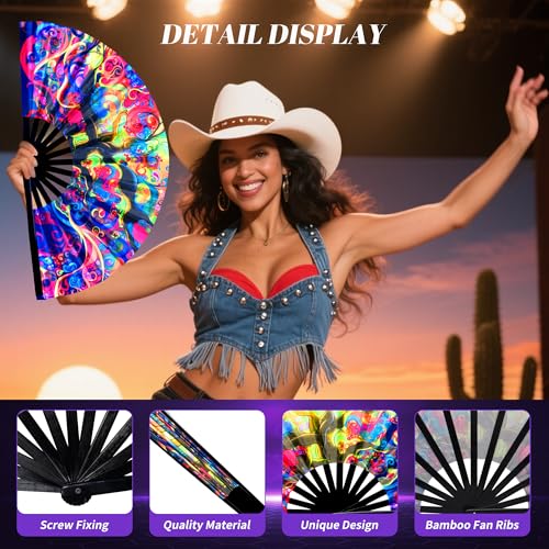 13 Inch Large Rave Fan & Clack Fan for Line Dancing - Folding Hand Fan with UV Glow for Boots on The Ground, Performance, Wedding, Party - Portable Handheld Fan for Women & Men - color: Life Tree*1