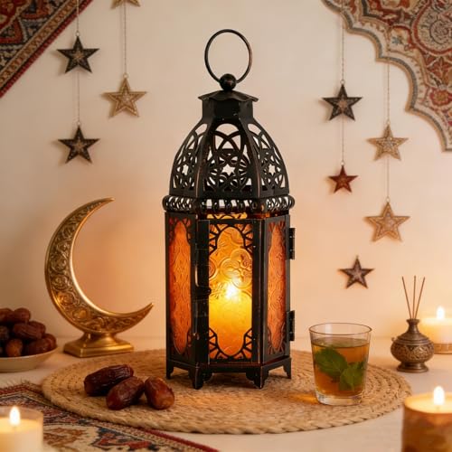 Ramadan Lanterns Decorative Indoor & Outdoor, 11’’ Medium Size Vintage Metal Hanging&Tabletop Candle Holder Decor, Halloween Christmas Moroccan Decorations for Home Porch Patio (Amber) - color: Amber - 11''h, size: Medium