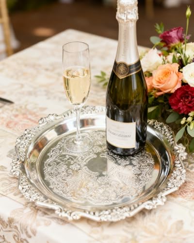 Silver Decorative Tray Set of 2, 10'' Round Vintage Metal Serving Tray, Medium Ornate Coffee Table Centerpiece, Vanity Tray for Perfume, Jewelry, Party Decor - color: Silver, size: 10''