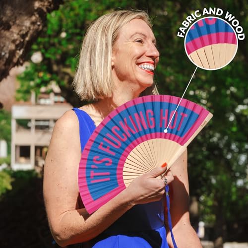 Fisura – Original Folding Fan It's f*cking hot, Wooden Hand Fans for Women Foldable, Pink and Blue Design for Raves, Festivals, Weedings, Hanger Included. Size: 16.7 x 9 inches - color: Hot, Blue and Pink