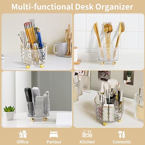Gold Desk Accessories, Office Desk Organizers and Accessories 360°Pen Holder Acrylic Stapler Set, Phone Holder, Ballpoint Pen, Scissor, Binder Clips, Ruler, Transparent Glue, Sticky Note and Staples. - color: Gold