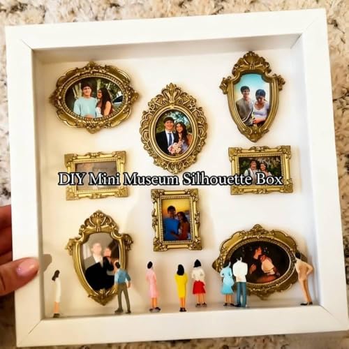 DIY Mini Gold Frames Silhouette Box, Upgrade Shadow Box , 10x10 Inch, with 8 Vintage Gold Mini Frames and 8 Handcrafted Figurines, for Anniversary, Wedding, Birthday and Home Decor (Wood Colour) - color: Wood Colour