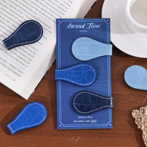 3PCS Vintage Magnetic Leather Bookmark, Leather Magnetic Bookmarks for Women, Magnetic PU Bookmarks Clip Book Accessories, Blue Pattern - style: Blue Pattern