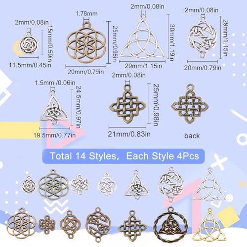 SUNNYCLUE 1 Box 56Pcs Knot Charms Celtic Knot Charm Irish Trinity Linking Connetor Charm Knots Beads Tibetan Style Flat Round Alloy Pendants for Jewelry Making Earrings DIY Supplies Adult