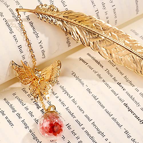 Toirxarn Metal Feather Bookmark, Back to School Teacher Gift for Women - color: Feather Gold - Pink Crystal With Red Flower