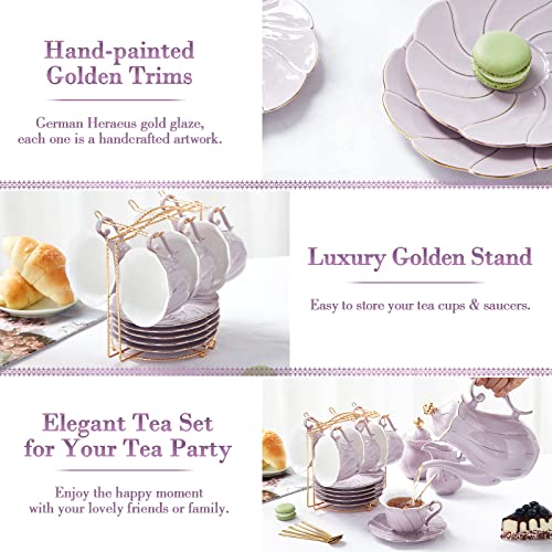 DUJUST 22 pcs Porcelain Tea Set for 6, Luxury British Style Tea/Coffee Cup Set with Golden Trim, Beautiful Tea Set for Women, Tea Party Set, Gift Package (With a Stand) - Purple - color: Purple