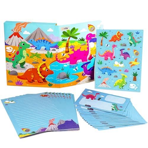 Dinosaur Stationery Set for Kids, Cute Dinosaur Letter Writing Paper with Lines and Envelopes, Kids Letter Writing Kit with Stickers, 30 Sheets + 20 Envelopes, Dinosaur Writing Set, 8.3 x 5.9 Inch