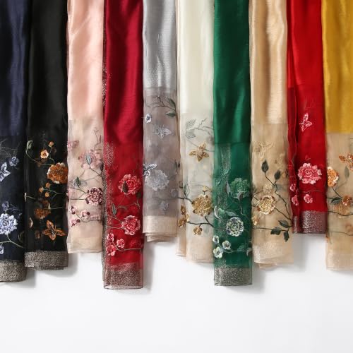 Jeelow Long Silk Blend Embroidered Floral Shawl Scarf Wrap for Women - color: Night