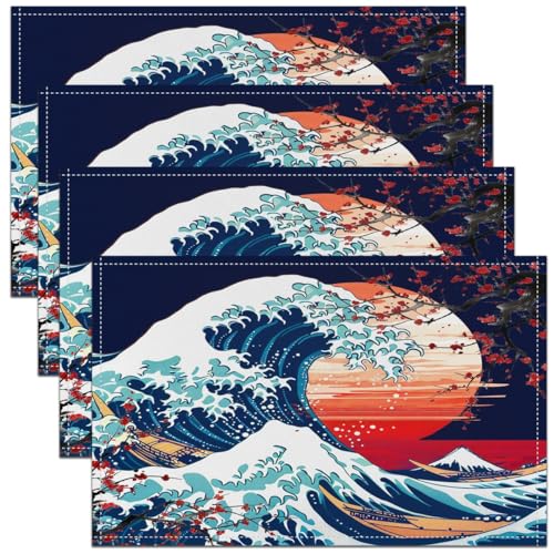 Feelyou Japanese Wave Placemats Set of 4 Cherry Blossoms Placemat for Kitchen Dining Table 18"x12" Fuji Mountain Home Decor Table Place Mats Red Sun Japanese Style Indoor Outdoor Decor Table Mats - color: Blue Red