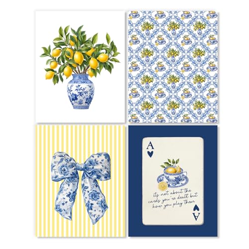 LUKIPOM Lemon Chinoiserie Wall Art Posters Set of 4, Grandmillennial Home Decor, Floral Blue and White Porcelain Lemon Tree Canvas Prints Artwork for Kitchen Wall Decor, 8x10 Unframed - color: Color 011