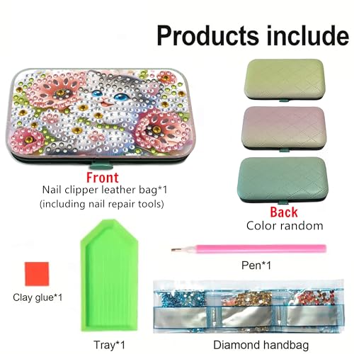 F-CANLAN Kitten Floral Diamond Painting Manicure Kit Nail Storage Case - color: White