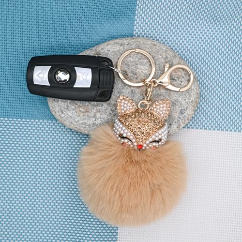 Faux Rabbit Fur Pom Pom Keychain with Fox Head - color: Brown