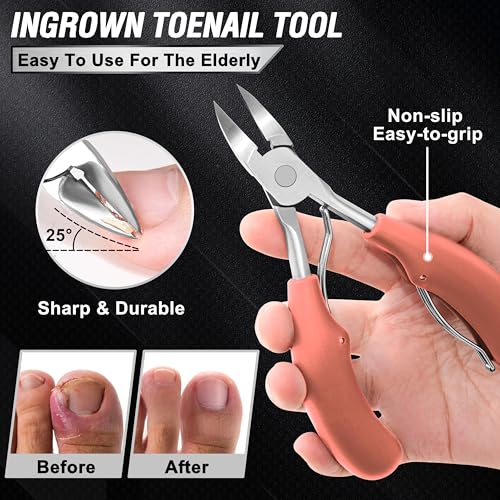 Toenail Clippers for Seniors Thick Toenails, Aucurwen Heavy Duty Toe Nail Clippers Adult Thick Nails Long Handle, Large Toenail Clippers for Thick Nails 7Pcs(Pink) - color: Pink