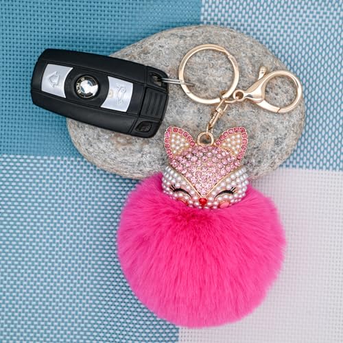 Faux Rabbit Fur Pom Pom Keychain with Fox Head - color: Rose Red