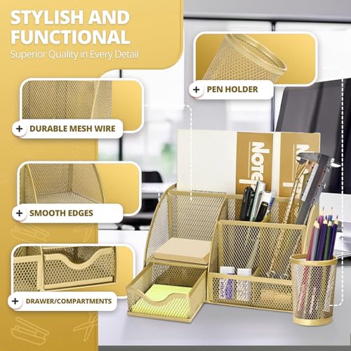 Flexzion Metal Mesh Desk Organizer with Drawer, 6 Compartments, Rose Gold - color: Metallic Rose Gold