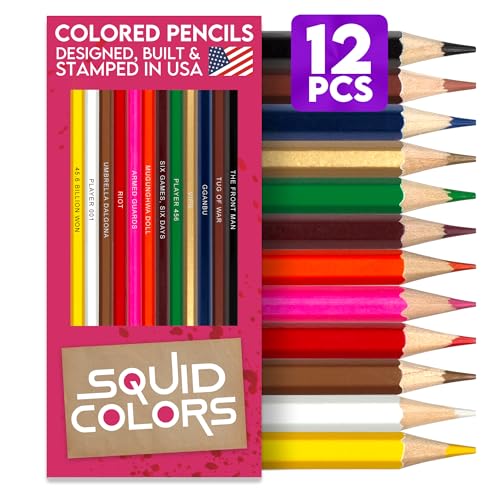 Squid Colors Wooden Colored Pencil Set for Kids – 12 Squid Game-Inspired Parody of Korean Series with Foil-Stamped Names, Adults Coloring Books and Recreation - Ideal for Squid Game-Fan Gift - style: Squid Games