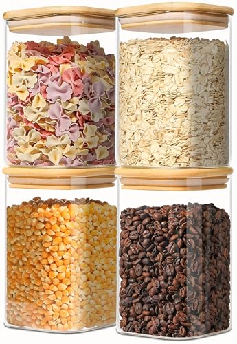 1.2 Qt Square Glass Storage Containers with Lids, glass jar with airtight lid, Glass Canister for Pantry Cookie Flour Cereal Rice Sugar Tea Coffee Beans Spice (Square-4Pack) - size: Square 1.2 Qt -4Pack