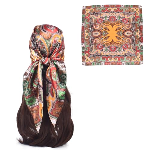 35 Inches Silk Head Scarf-Satin Hair Scarves Silk Bandana Scarf Headscarf for Women's Fashion Scarves - color: Cashews With Buddha-yellow