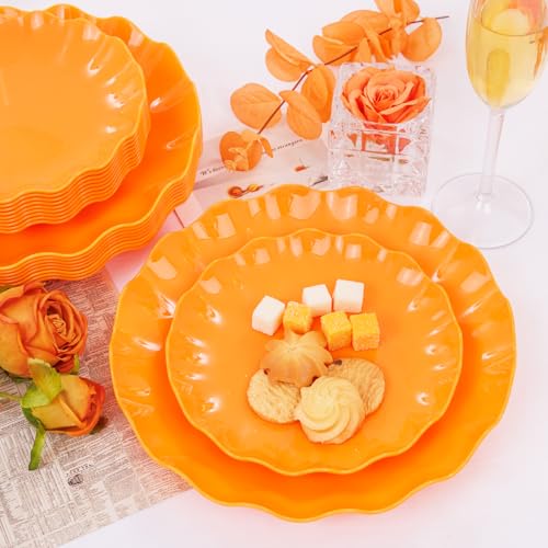 LIYH 24 Orange Plastic Plates Reusable for Thanksgiving Halloween 12 Guests - color: Orange, size: 24(12 Guests)