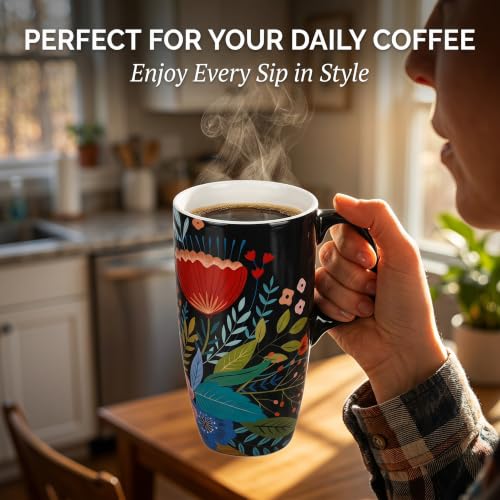 Topadorn 17oz Ceramic Travel Mug with Lid, Botanical Floral Coffee Mug - color: Flower