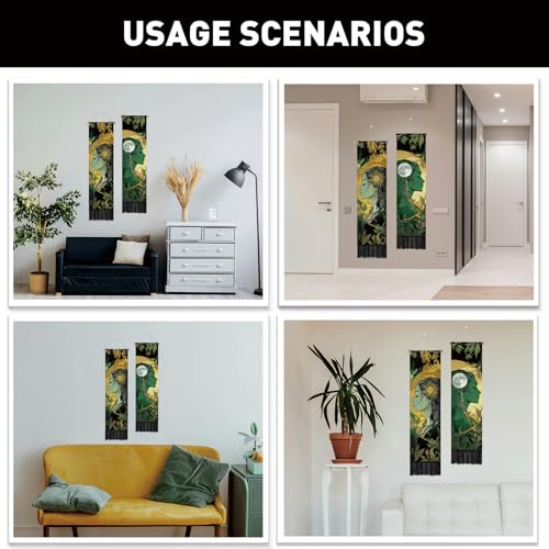 PLIGREAT 2 Pack Sun Moon Tapestry with Tassels, Aesthetic Goddess Art Wall Hanging Vertical Green Plants Home Wall Tapestry for Bedroom Living Room Long Narrow Decor, 52" x 13" - color: green,yellow