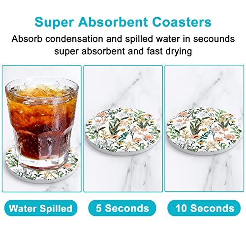 Coasters for Drinks, Set of 6 Cute Absorbent Ceramic Drink Coasters - color: Flower Illustration 02