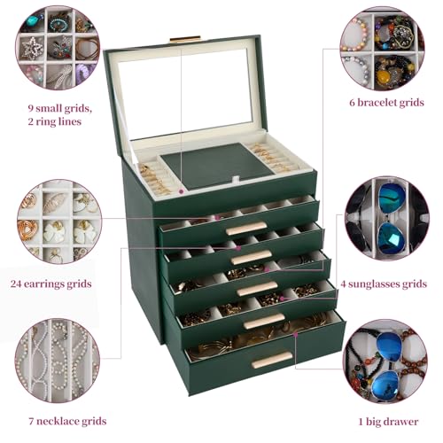 BOOVO Jewelry Box for Women, Green 6 Layer Large Jewelry Organizer with Glass Lid for Necklace, Bracelet, Earrings Storage, Jewelry Organizers and Storage for Girls Gift (Green and Gold, 6 layer) - color: Green and Gold, size: 6 layer