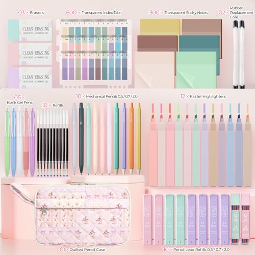 WOBAGMEN 62PCS Aesthetic School Supplies with Quilted Pencil Case, Pastel Highlighters, Gel Pens Mechanical Pencils Set, Cute Back to School Supplies, College Essentials (Purple Patchwork, M) - color: Purple Patchwork