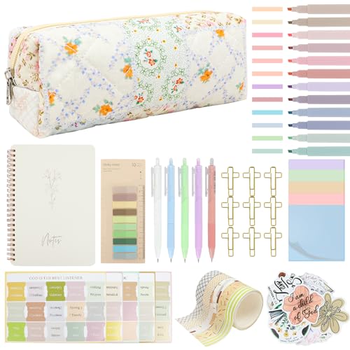 Bible Study Supplies Journaling Kit with Pen Cas, Tabs, Notebook and No Bleed Highlighter, Aesthetic Book Annotation Kit, Christian Gifts for Women Grils Friends(Spliced Flower) - color: Spliced Flower
