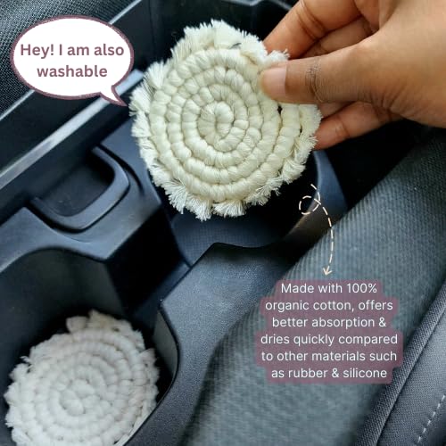 Cotton Car Coasters for Cup Holders, 2PC Car Cup Coasters, Drink Coaster Holder, Cute cupholder Coaster Accessories for Women, Macrame, Boho (Vanilla White) - color: Vanilla White