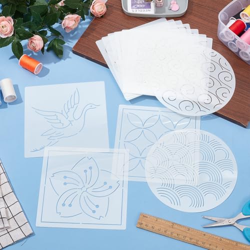 FREEBLOSS 12Pcs 5.5 * 5.5inch Plastic Sashiko Stencils Drawing Stencils Embroidery Patterns 12 Different Japanese Style Patterns Embroidery Templates for Hand Quilting - style: Flower, Weave and Bird