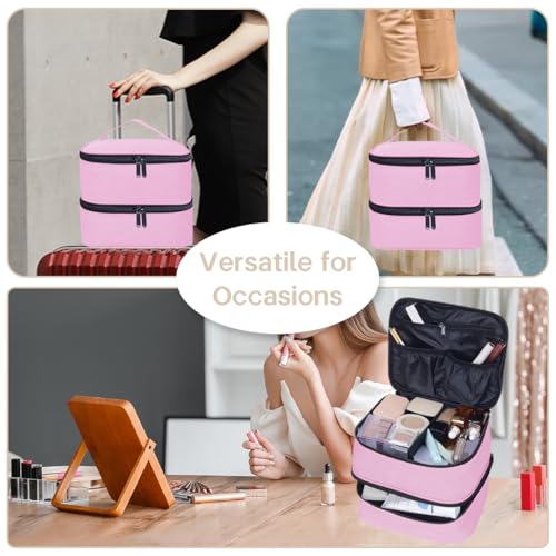 Double Layer Makeup Bag with Adjustable Dividers, Pink - color: Pink