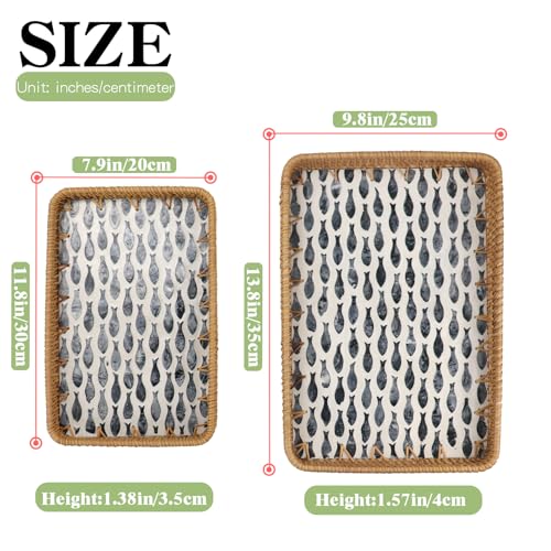 2 Pcs Rattan Mother of Pearl Serving Tray, Wicker Woven Coffee Table Tray - color: Black Fish