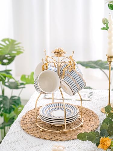 CwlwGO-Ceramic Coffe Cups and Saucer Sets,British Bone China Blue Gold Tea Cup and Saucers Service for 4,Gifts Box, China Tea Set, Tea Sets for Women and Adults. - color: Blue