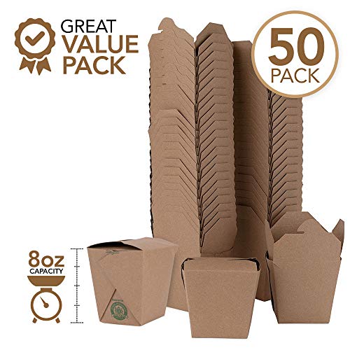 Takeout Food Containers 8 Oz Microwaveable Kraft Brown Paper Mini Chinese Take Out Box (50 Pack) Leak and Grease Resistant Stackable To Go Boxes - Recyclable Food Containers - Party Favor Boxes - size: 8 oz