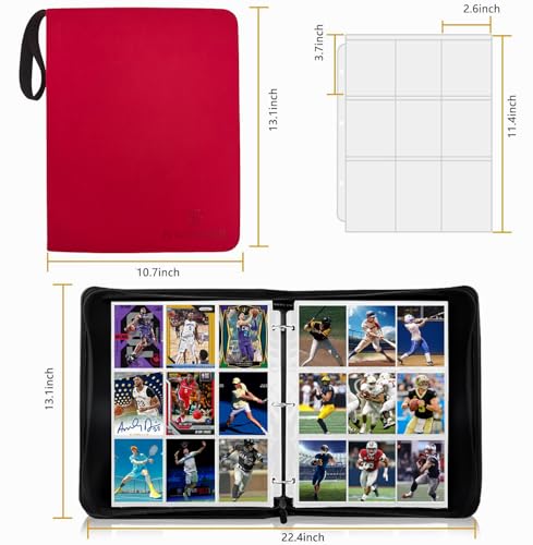 9-Pocket Trading Card Binder with 60 Removable Double-Sided Sleeves - Holds 1080 Cards, Premium Zippered Album for MTG, TCG, Sports Cards, Game Cards, Gifts for Boys and Girls (Red) - color: Red