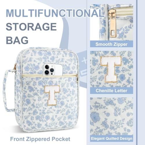 Personalized Initial Bible Cover Case for Women Girls Kid - Large Quilted Bible Case with Handle,Chenille Letter Bag Study Supplies,Christmas Gifts for Christians Birthday Graduation(Blue Flower-T) - color: Blue Flower, size: letter-T