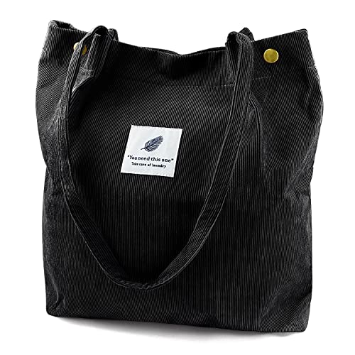 Ayieyill Corduroy Tote Bag for Women Canvas Shoulder Cord Purse with Inner Pocket - color: Black