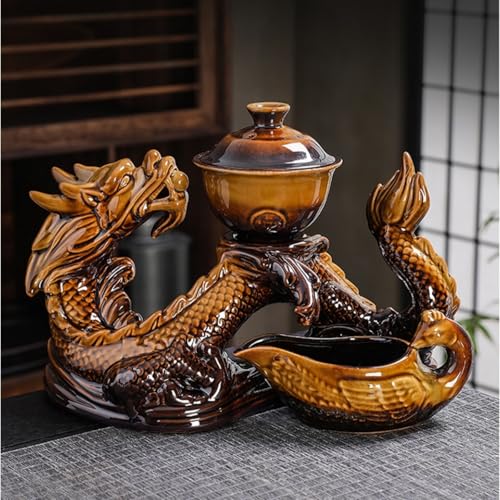 Chinese Gongfu Tea Set - Ceramic Teapot with Infuser, 8 Cups, Semi Automatic Dragon Design for Loose Leaf Tea - color: Yellow Dragon