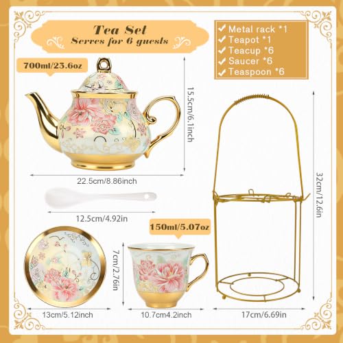 20Pcs Porcelain Tea Set with Metal Stand,European Vintage Tea Set for Adult - color: Light Gold